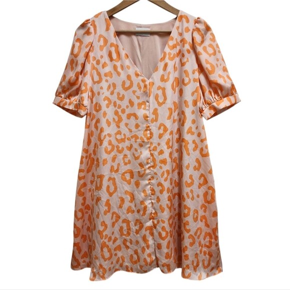 Adrienne Dress L Orange Pink Leopard Print V Neck Lined Pullover Sheen Short Slv - Picture 1 of 8